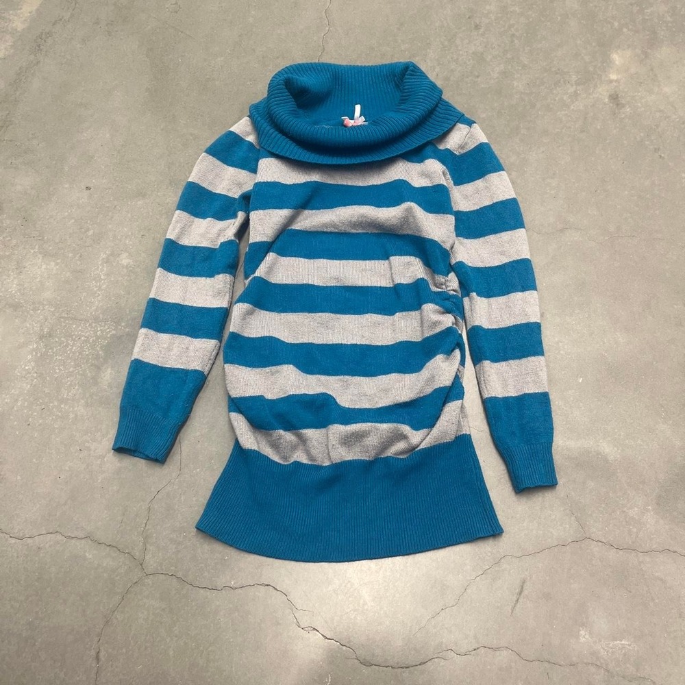 2000s derek heart offshoulder rouched striped blue and grey sweater minidress